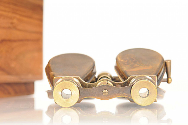 Brass Folding Pocket Binocular in Wood Storage Box