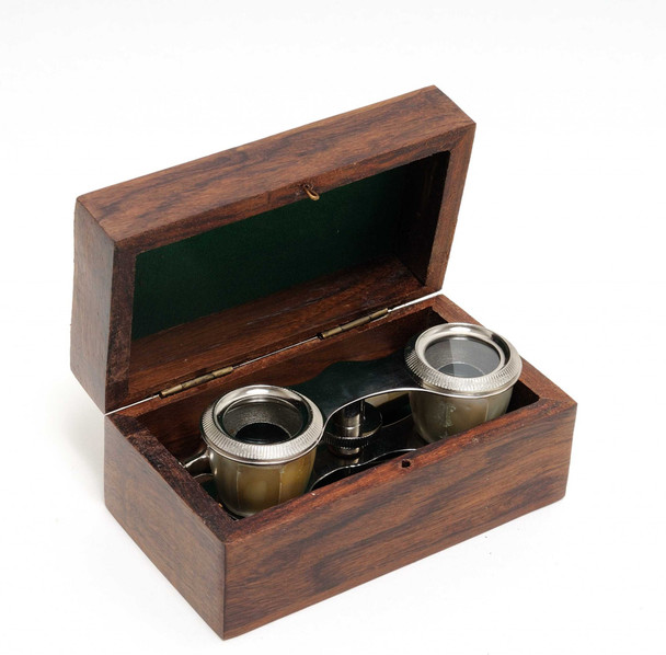 Elegant Mother of Pearl Opera Glasses in Wood Storage Box