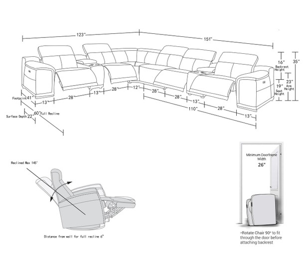 26"7" X 32"0 X 266".4 Camel Power Reclining 8PC Sectional