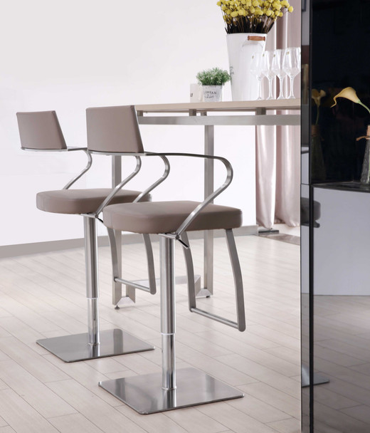 Modern Taupe Faux Leather Adjustable Barstool with Arms