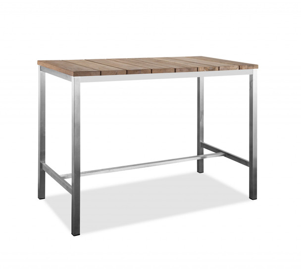 55" X 27" X 42" Teak Wood & Stainless Steel Bar Table