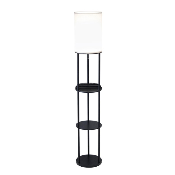 Black Wood Floor Lamp with Circular USB Charging Station Shelf