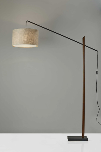 Sculptural Wood Floor Lamp with Adjustable Black Metal Arm