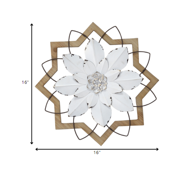 Metal White Flower & Wood Frame Wall Art