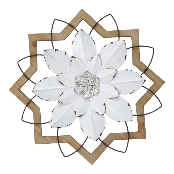 Metal White Flower & Wood Frame Wall Art