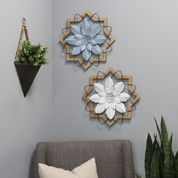 Light Blue Flower Metal and Wood Framed Wall Art