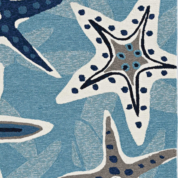 8' Blue Hand Woven UV Treated Coastal Starfish Round Indoor Outdoor Area Rug