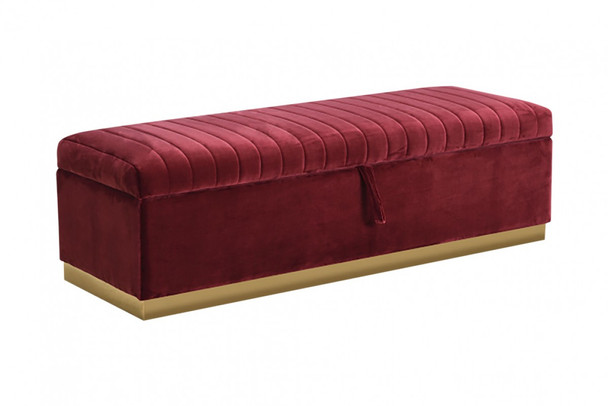 Rectangular Modern Red Velvet Storage Bench with Gold Metal