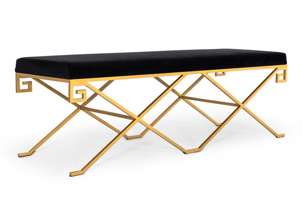 Rectangular Modern Black Velvet Bench with Champagne Gold Steel Frame