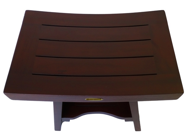 Compact Curviliniear Teak Shower Outdoor Bench with Shelf in Brown Finish