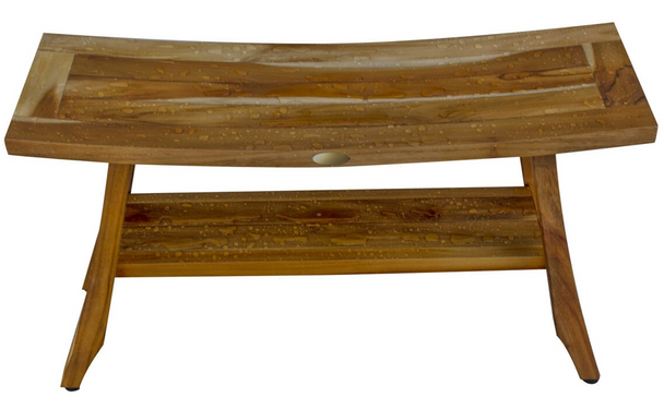 Compact Curvilinear Teak Shower Outdoor Bench with Shelf in Natural Finish