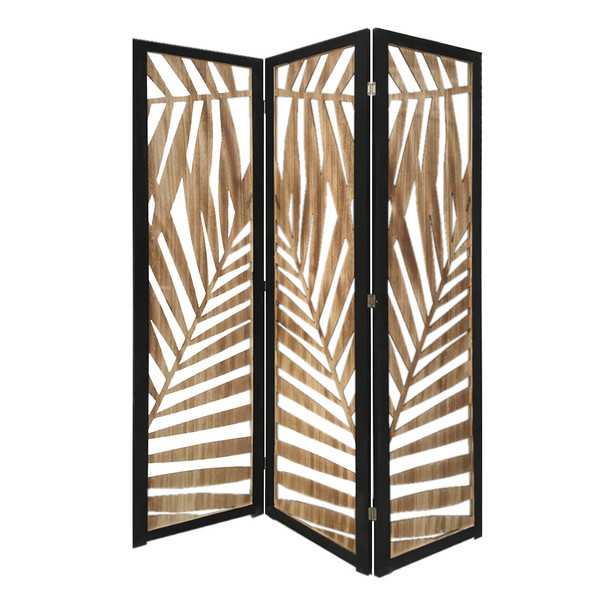 3 Panel Room Divider with Tropical Leaf Design