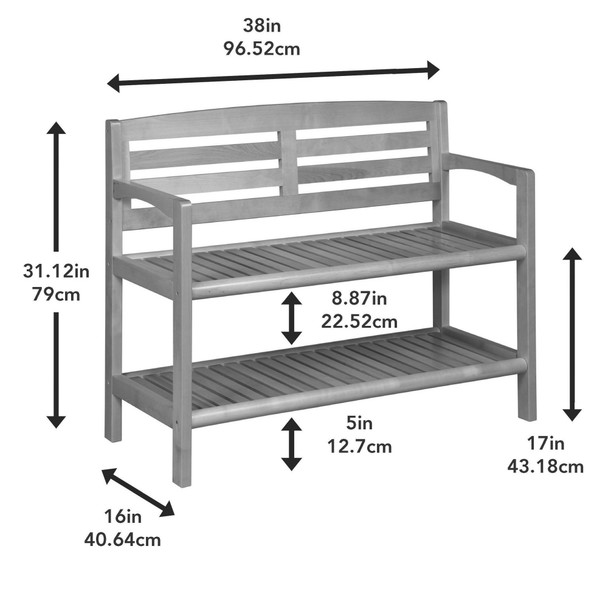 Chestnut Finish Solid Wood Slat Bench with High Back and Shelf