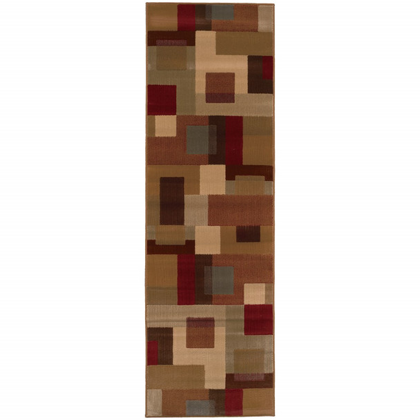 3'x8' Red and Tan Geometric Runner Rug