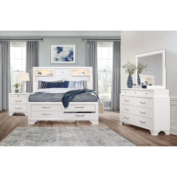 White Rubberwood King Bed with bookshelves Headboard  LED lightning  6 Drawers