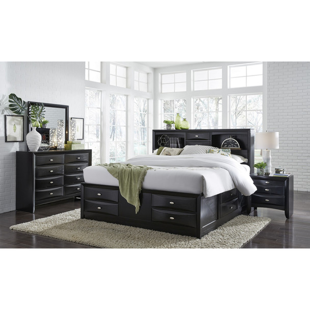 Black Veneer King Bed with bookcase headboard  10 drawers