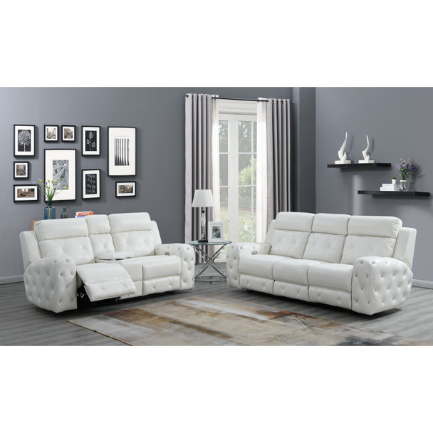 White Leather Gel Cover Power Console Reclining Loveseat in Plushily Padded Seats  Jewel Embellished Tufted Design  Along With Recessed Arm