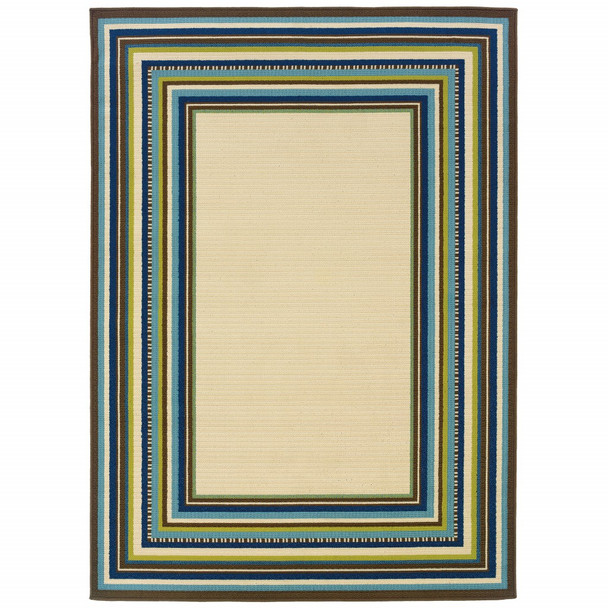 7' x 10' Ivory Mediterranean Blue and Lime Border Indoor Outdoor Area Rug
