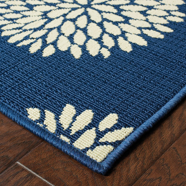 8' Indigo and Lime Green Floral Indoor or Outdoor Runner Rug