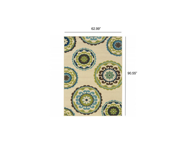 5' x 8' Ivory Indigo and Lime Medallion Disc Indoor Outdoor Area Rug