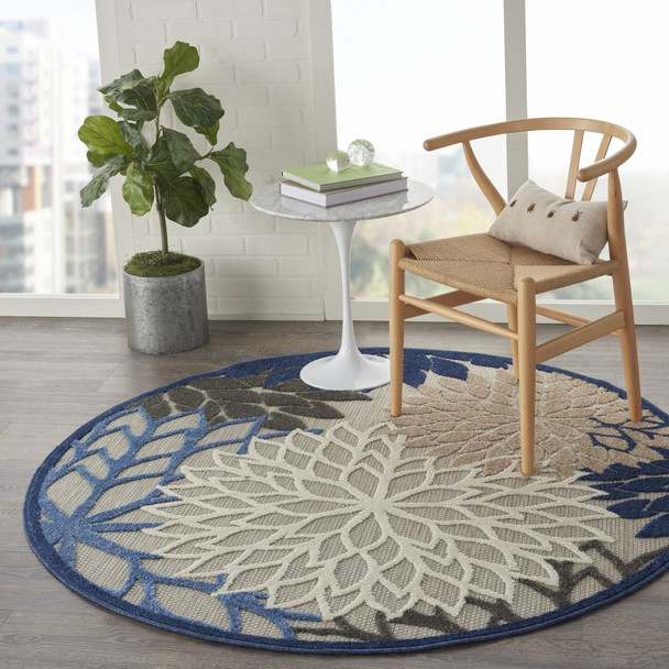 4 Round Blue Large Floral Indoor Outdoor Area Rug