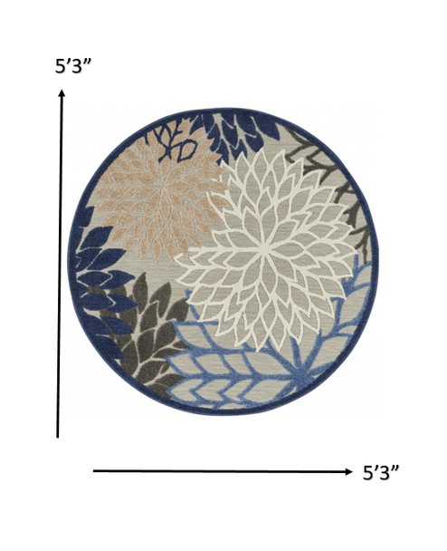 5 Round Blue Large Floral Indoor Outdoor Area Rug