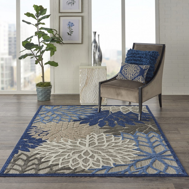 6 x 9 Blue Large Floral Indoor Outdoor Area Rug