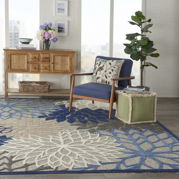 8 x 11 Blue Large Floral Indoor Outdoor Area Rug