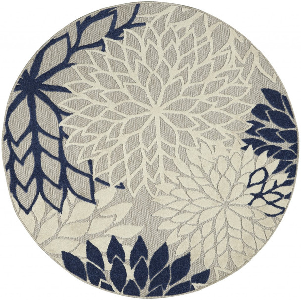 5 Round Ivory and Navy Indoor Outdoor Area Rug