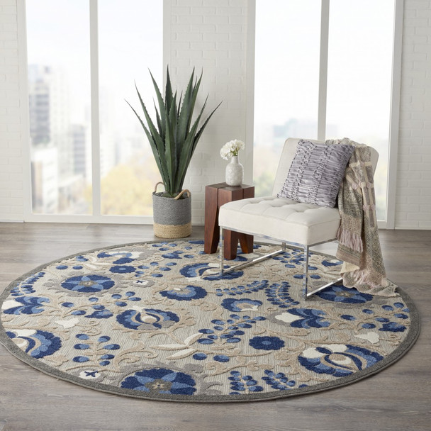 8 Round Natural and Blue Indoor Outdoor Area Rug