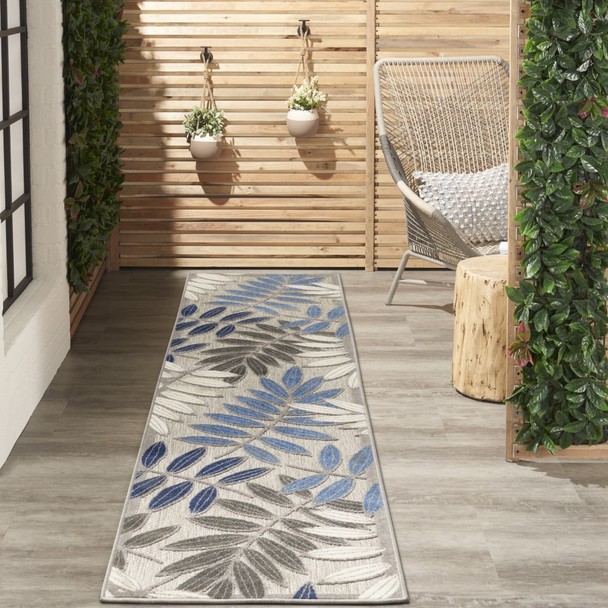 2 x 10 Gray and Blue Leaves Indoor Outdoor Runner Rug