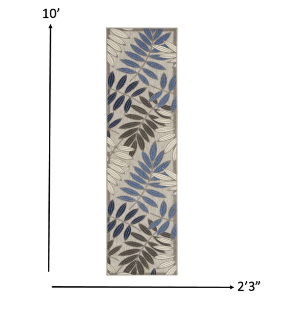 2 x 10 Gray and Blue Leaves Indoor Outdoor Runner Rug