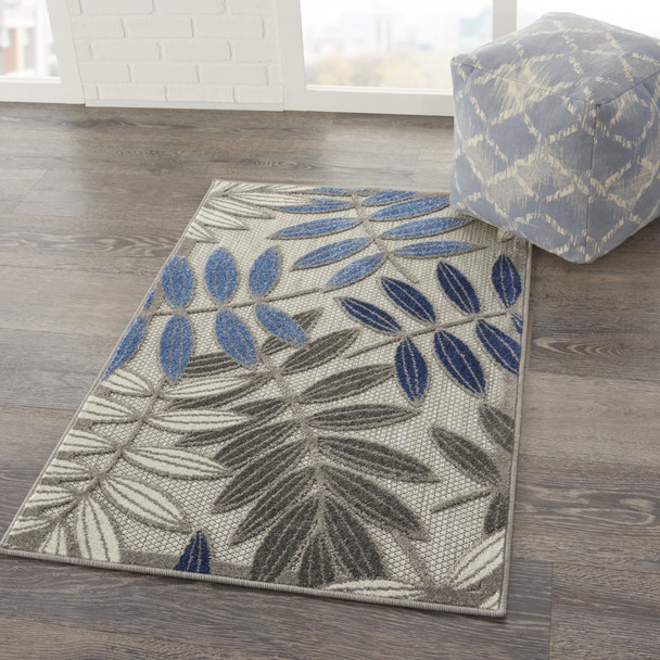 3 x 4 Gray and Blue Leaves Indoor Outdoor Area Rug