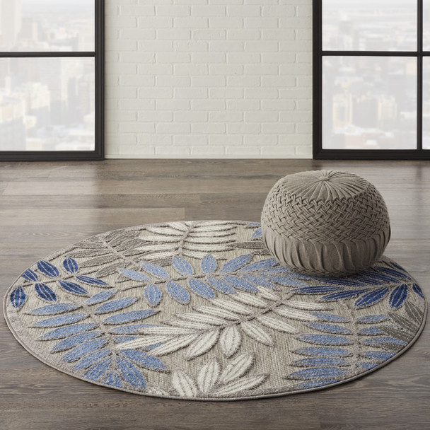 4 Round Gray and Blue Leaves Indoor Outdoor Area Rug