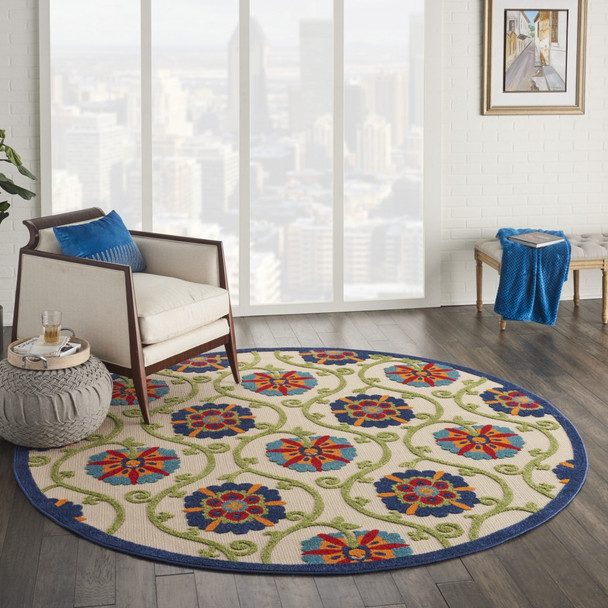 8 Round Blue Vines Indoor Outdoor Area Rug