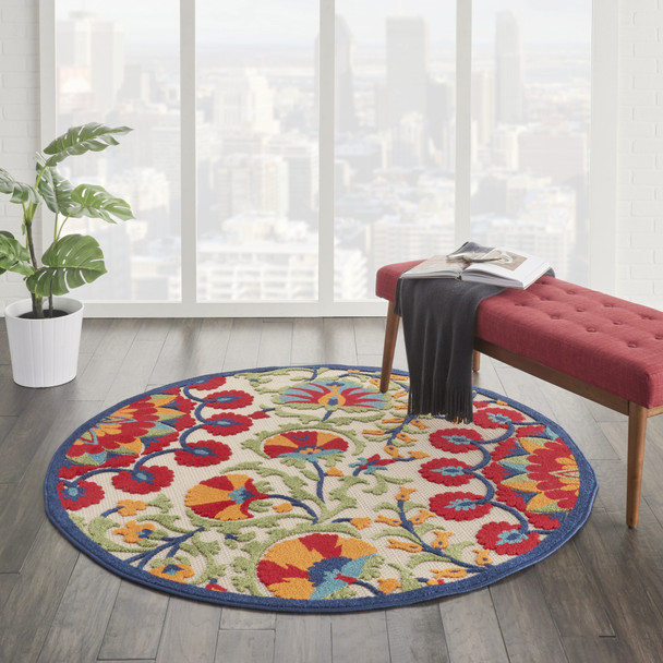 4 Round Red and Multicolor Indoor Outdoor Area Rug