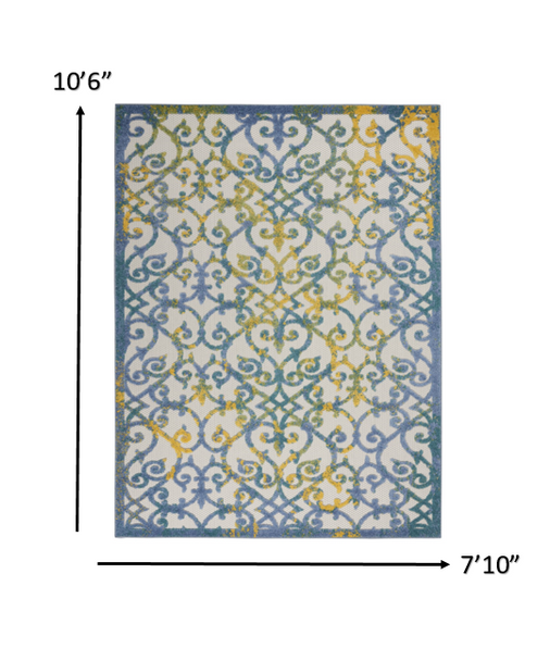 8 x 11 Ivory and Blue Indoor Outdoor Area Rug