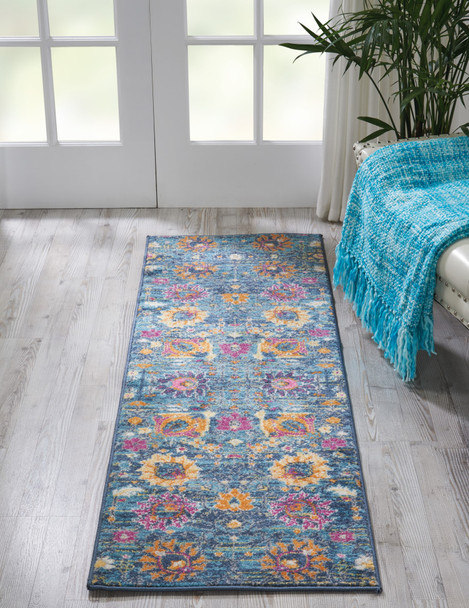 2' x 6 Denim Blue Florals Distressed Runner Rug