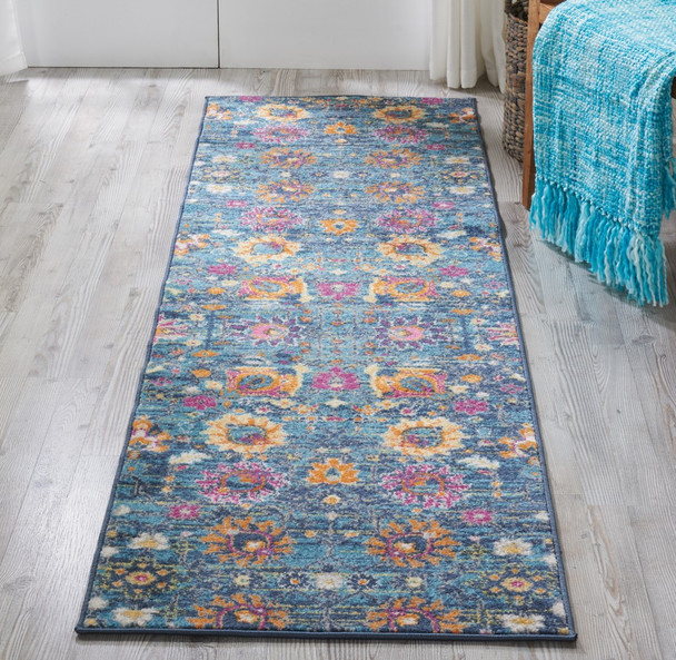 2 x 10 Denim Blue Florals Distressed Runner Rug