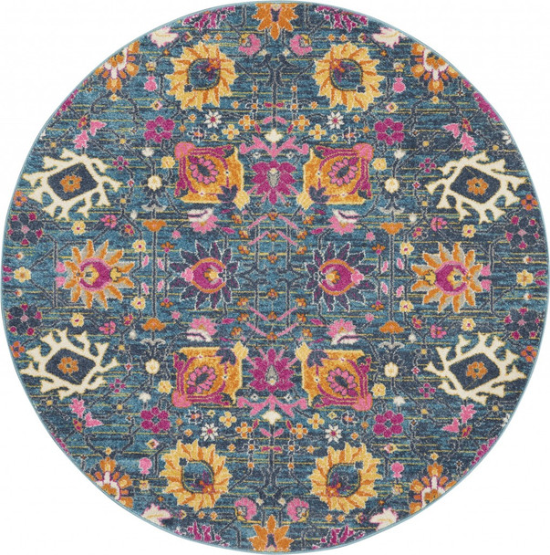 4 Round Denim Blue Florals Distressed Area Rug