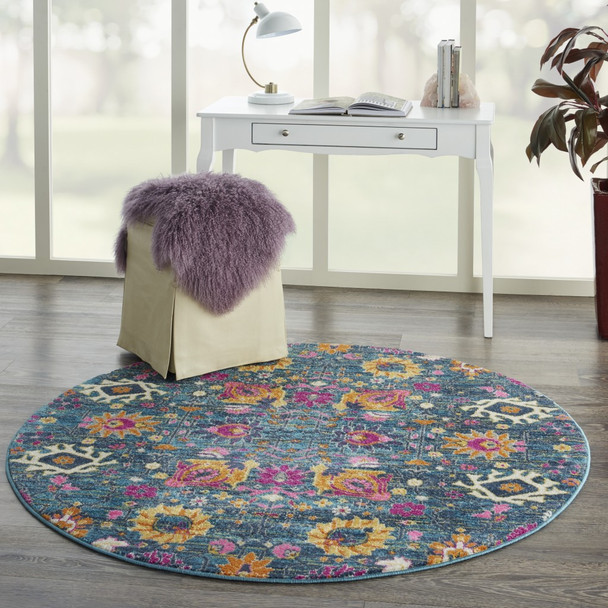 4 Round Denim Blue Florals Distressed Area Rug