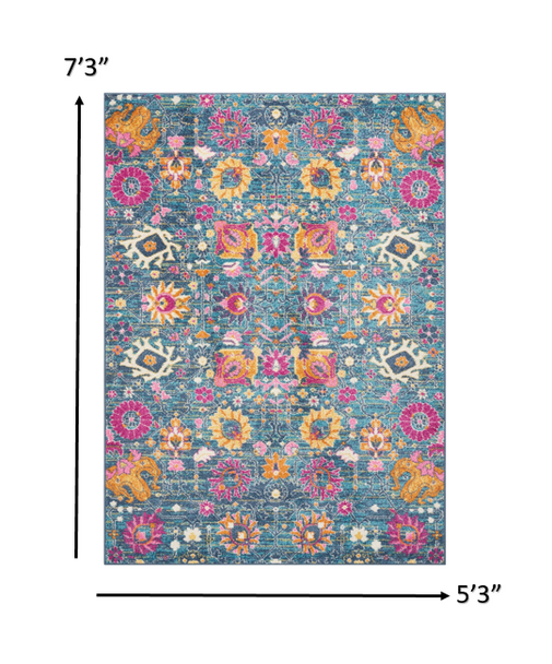 5 x 7 Denim Blue Florals Distressed Area Rug