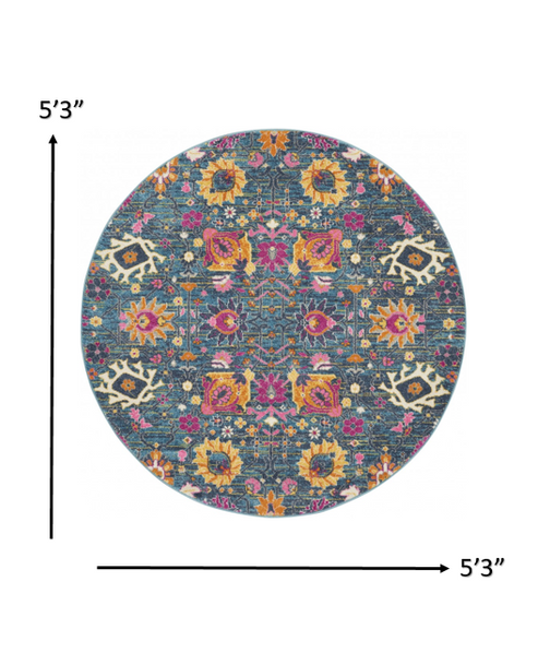 5 Round Denim Blue Florals Distressed Area Rug