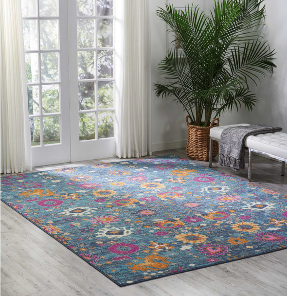 8 x 10 Denim Blue Florals Distressed Area Rug