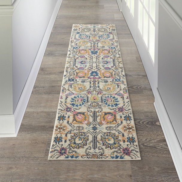 2 x 8 Ivory and Multicolor Floral Buds Runner Rug