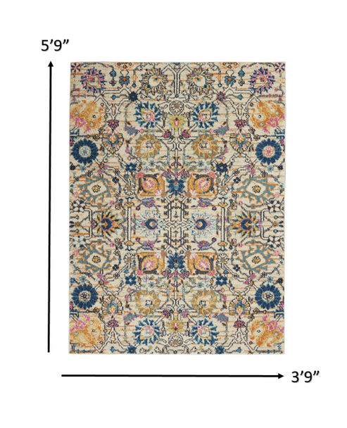 4 x 6 Ivory and Multicolor Floral Buds Area Rug