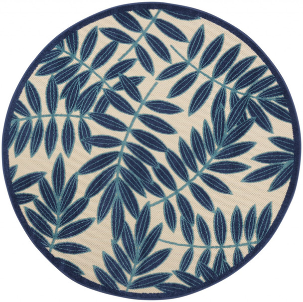 5 Round Navy and Beige Leaves Indoor Outdoor Area Rug