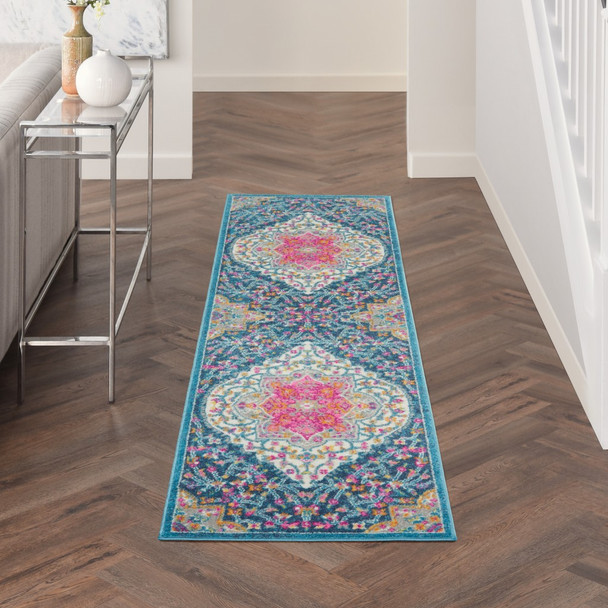 2 x 10 Blue and Pink Medallion Runner Rug