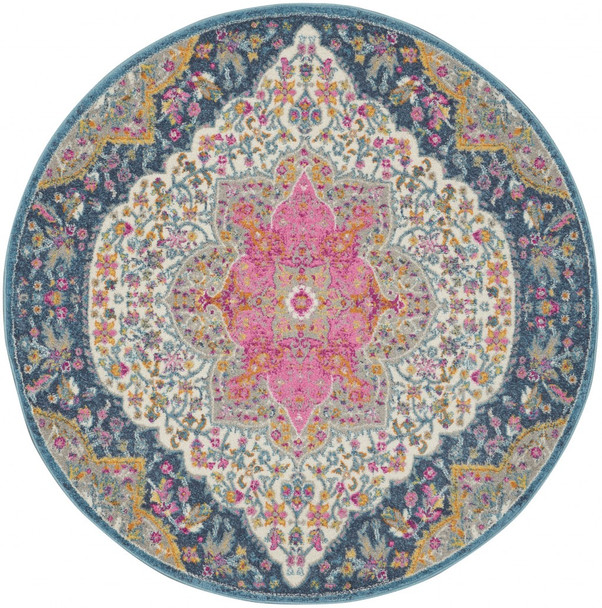 4 Round Blue and Pink Medallion Area Rug