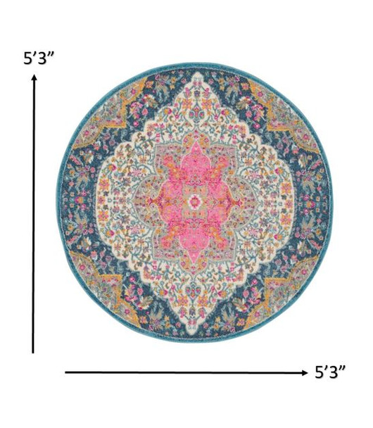 5 Round Blue and Pink Medallion Area Rug